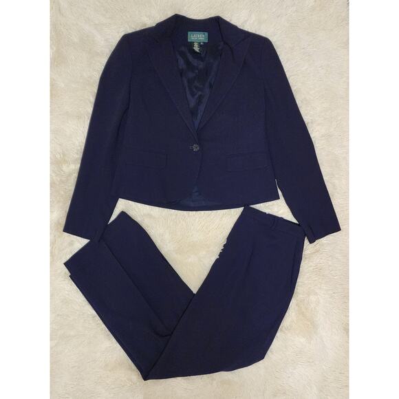 Ralph Lauren 100% Wool 2 Piece Navy Blue Suit Blazer & Pants Set Womens Size 12 - Picture 9 of 10